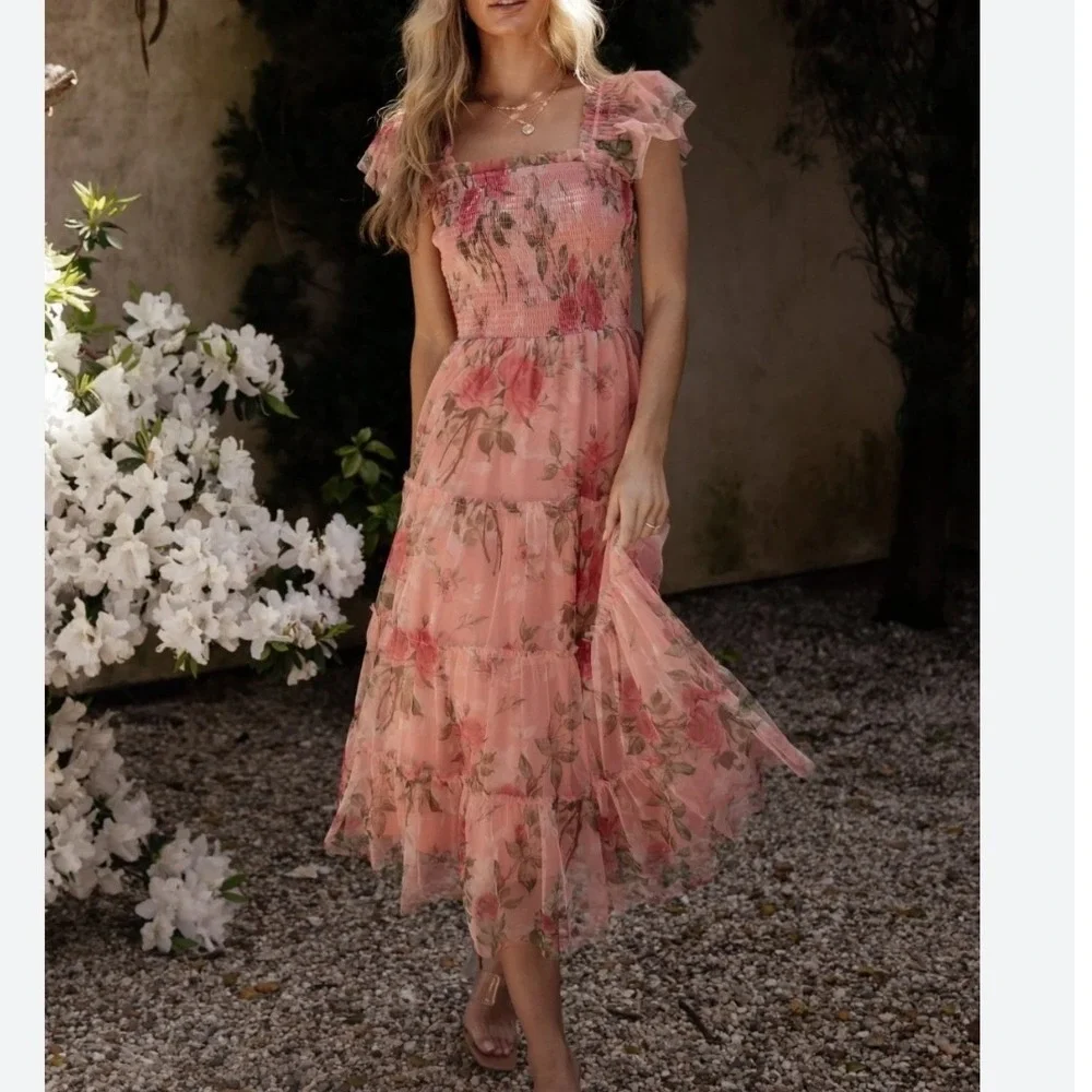 Baltic Born Clementine Tulle Dress Women XL Pink Floral Smocked Midi Cottage NEW - Picture 2 of 10